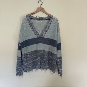 ONE‎ GREY DAY Women's Walter Fringe Distressed V Neck Pullover